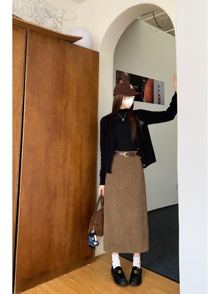 Gonna midi in velluto a coste rétro a vita alta da donna - Vestibilità slim, Design autunno/inverno, Linea ad A dritta che copre i fianchi