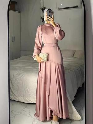 Muslimisches Damen Satin Rüschen Swing Kleid mit Bindeband-Design