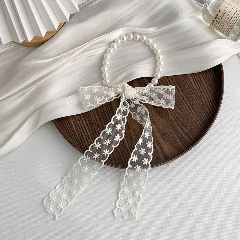 Collarbone Chain Versatile Spring and Autumn Fashion Neck Care Silk Scarf Headband Pearl Necklace Tie Hair Band Lace Streamer