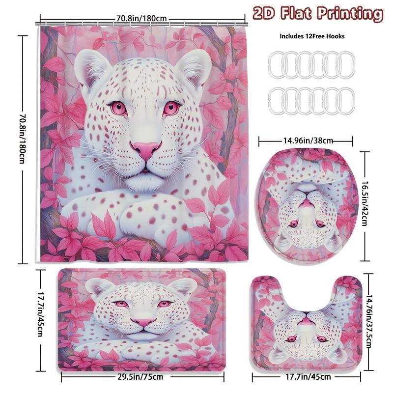 4Pcs White Leopard Shower Curtain Set with Non-Slip Bath Mat, Toilet Lid Cover, Contour Rug & 12 Hooks, Bathroom Decor
