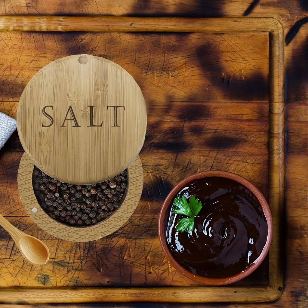 1 Stück Salzbehälter, Salzdose aus Bambus, Salzbehälter mit Löffel, Salzhalter mit Deckel, Salzstreuer, Kümmel- und Pfefferschale mit magnetisch schwenkbarem Deckel