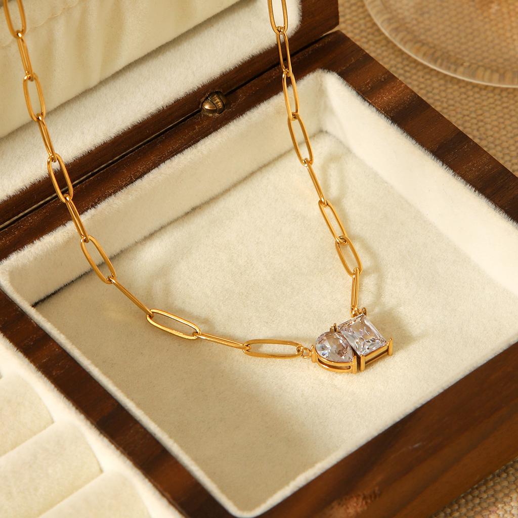 Women's teardrop square zircon necklace, titanium steel light luxury clavicle chain accessory