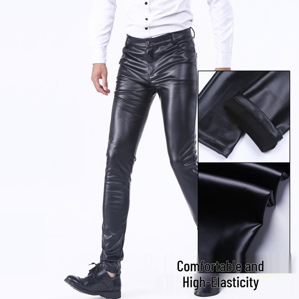 Men's Autumn Korean Style Slim Fit Leather Pants: Skinny, Elastic, Plus Velvet, High Comfort, Motorcycle-Inspired.