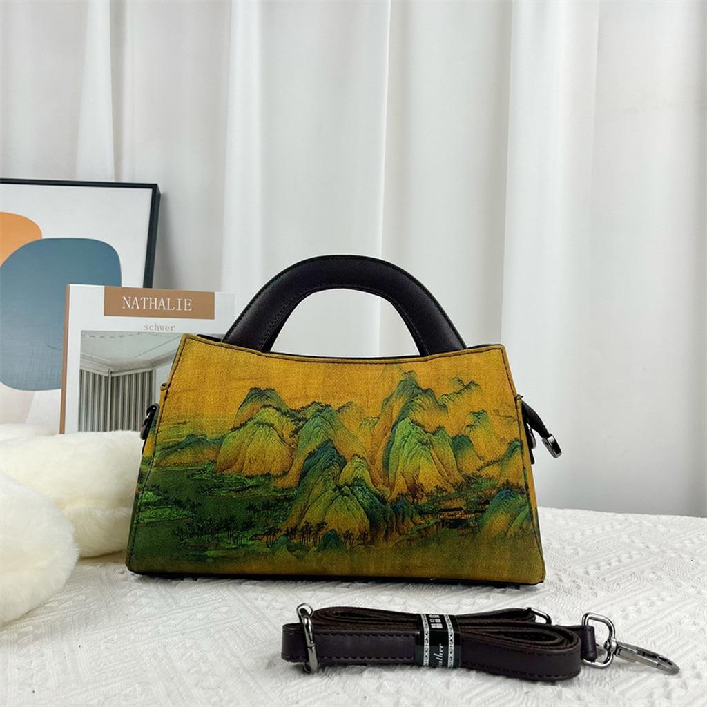 Chinese Style Ink Painting Handbag Women Vintage Crossbody Bag Oriental Aesthetic Tote Shoulder Bag With Detachable Strap