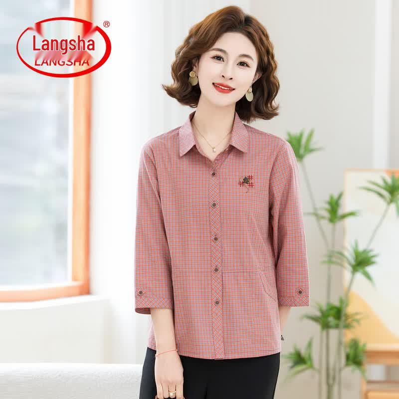 Lang Sha Women s Cotton Plaid Seven-Quarter Sleeve Shirt 3XL