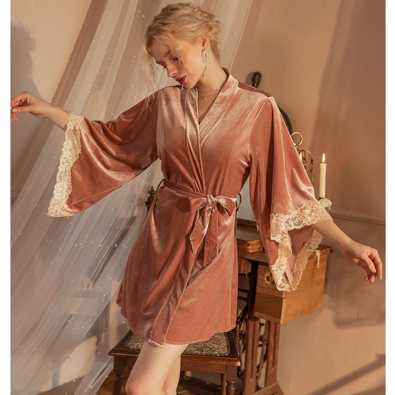 "Duman Francouzská krajka Sexy sametový klopový noční úbor a župan set"