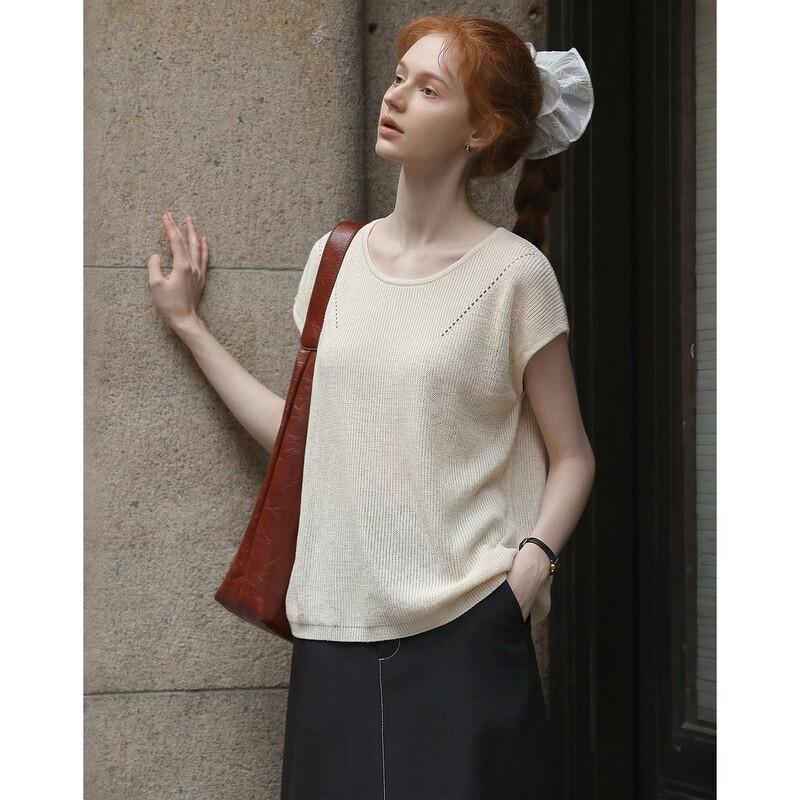 Demana Women's Linen Lyocell Blend Knit Short Sleeve Top