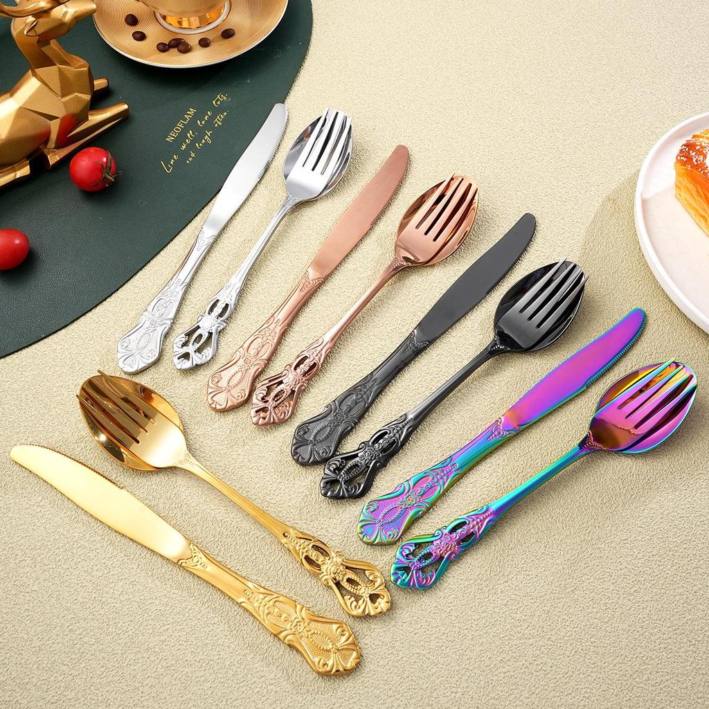 Retro European Royal Court Stainless Steel Cutlery Set: Steak Knife, Fork, and Embossed Spoon with Mirror Finish