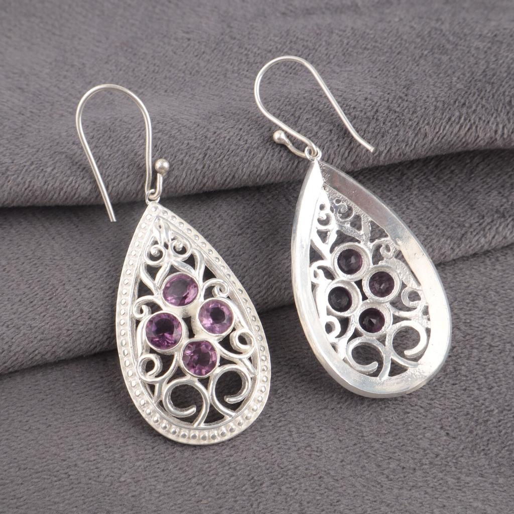 Natural Amethyst Gemstone 925 Sterling Silver Handcrafted Jewelry Earrings 2.25" CE-17-1