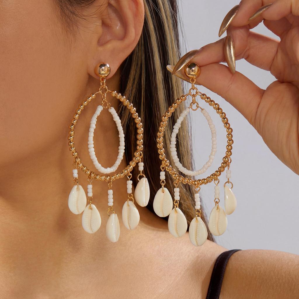 Bohemia Fashion Dopamine Sea Star Shell Pearl Beaded Circular Dangle Earrings for Women Summer Beach Vacation Style Jewelry Gift