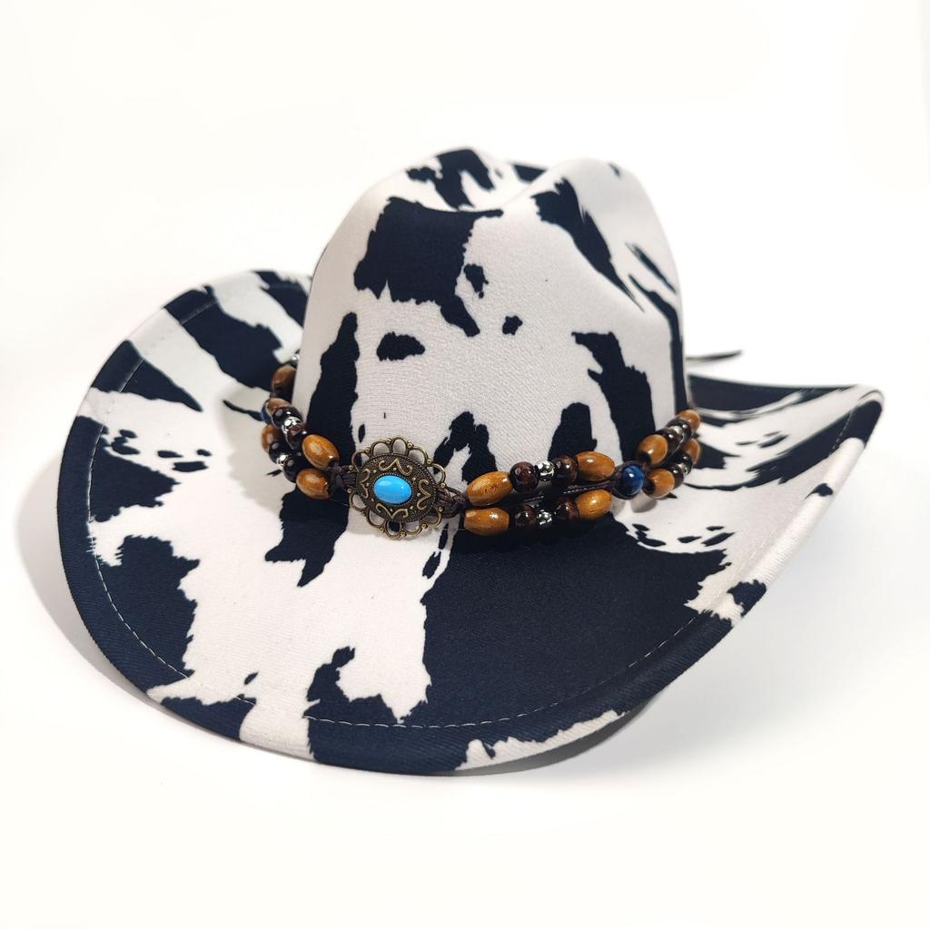 Jednosłowny Wzór Krowy Kapelusz Kowbojski Western Europejski i Amerykański Retro Słynny Styl Cylinder Akcesoria z Drewnianych Koralików Wszechstronny Kapelusz Jazzowy