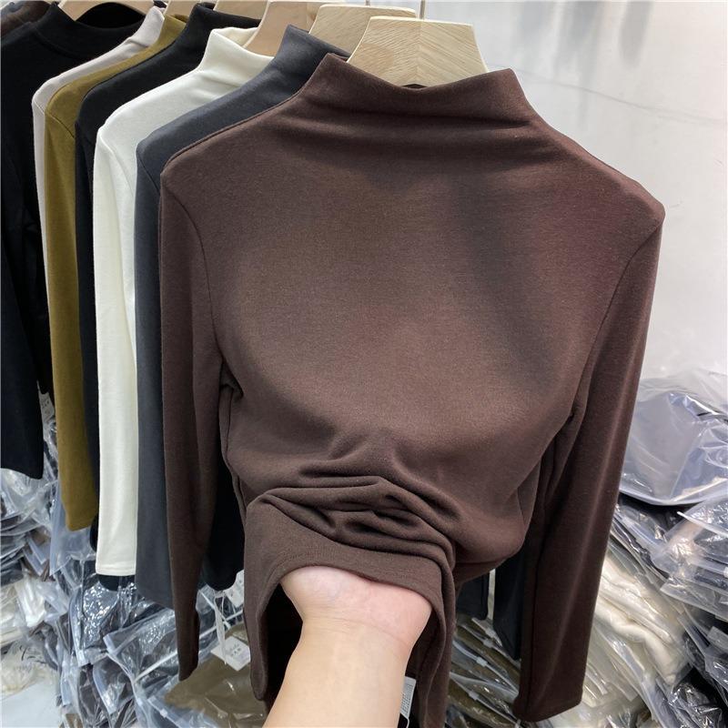 Solid color semi-turtleneck German fleece polished shirt women's autumn and winter fleece long-sleeved T-shirt thermal top