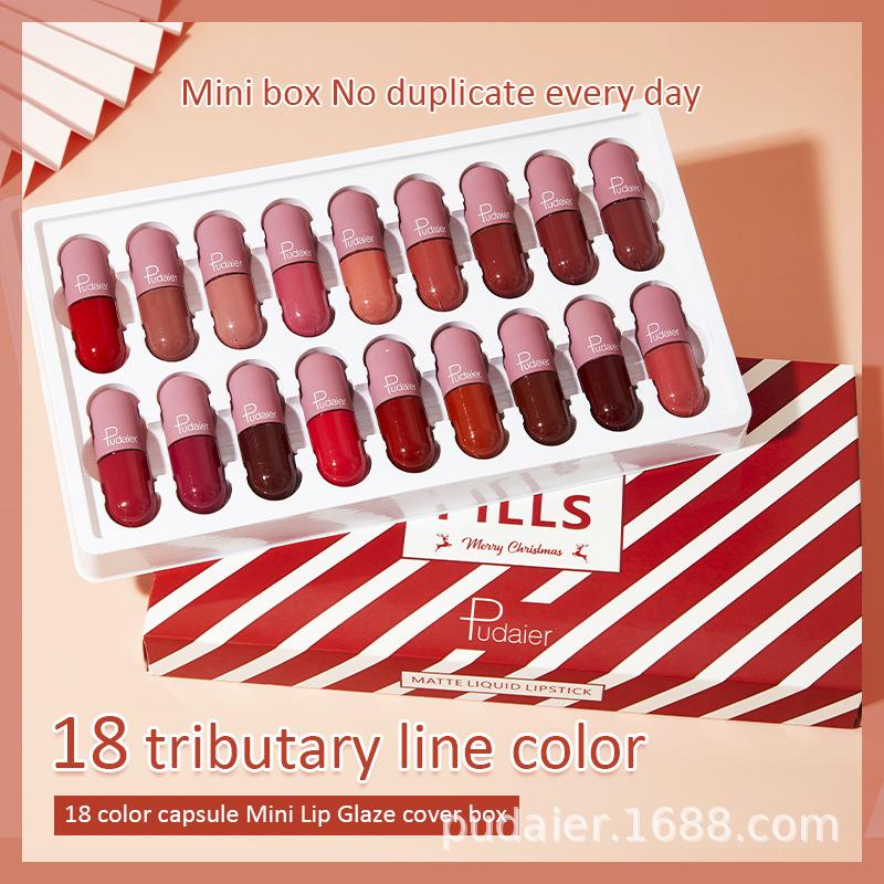 18-fargers minikapselleppestift Fløyelsmatt Ikke-klebrig kopp Myk Glatt Matte Lipgloss