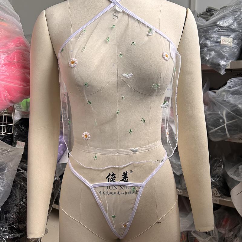 Tempting Embroidery Floral Mesh See-Through Look Body Sexy Lingerie Adjustable Lace Up Top Seductive Exotic Thong Porn Set