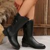 Fashion Sexy Solid Black Pu Mid Calf Riding Boots Women 2025 Winter Medium Heel Side Zip Western Booties Lace Bowknot Decoration Boots