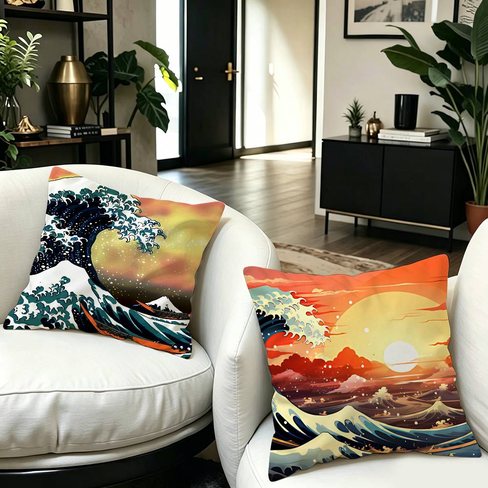 The Great Wave Off Kanagawa Art Pillow Covers Cartoon Sofa Decorative Home Double-sided Printing Short Plush Cute Cushion Cover