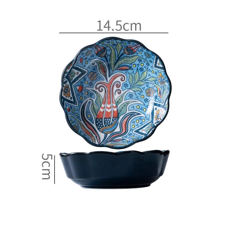 Bohemian Style Ceramic Bowls New Household 6 Inch Vintage Print Underglaze Color Dining Tableware Floral Shape Fruit Salad Bowl 6 inch