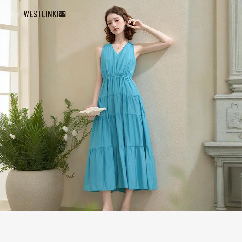 

Французское макси-платье с V-образным вырезом и бретелью-хомутом M