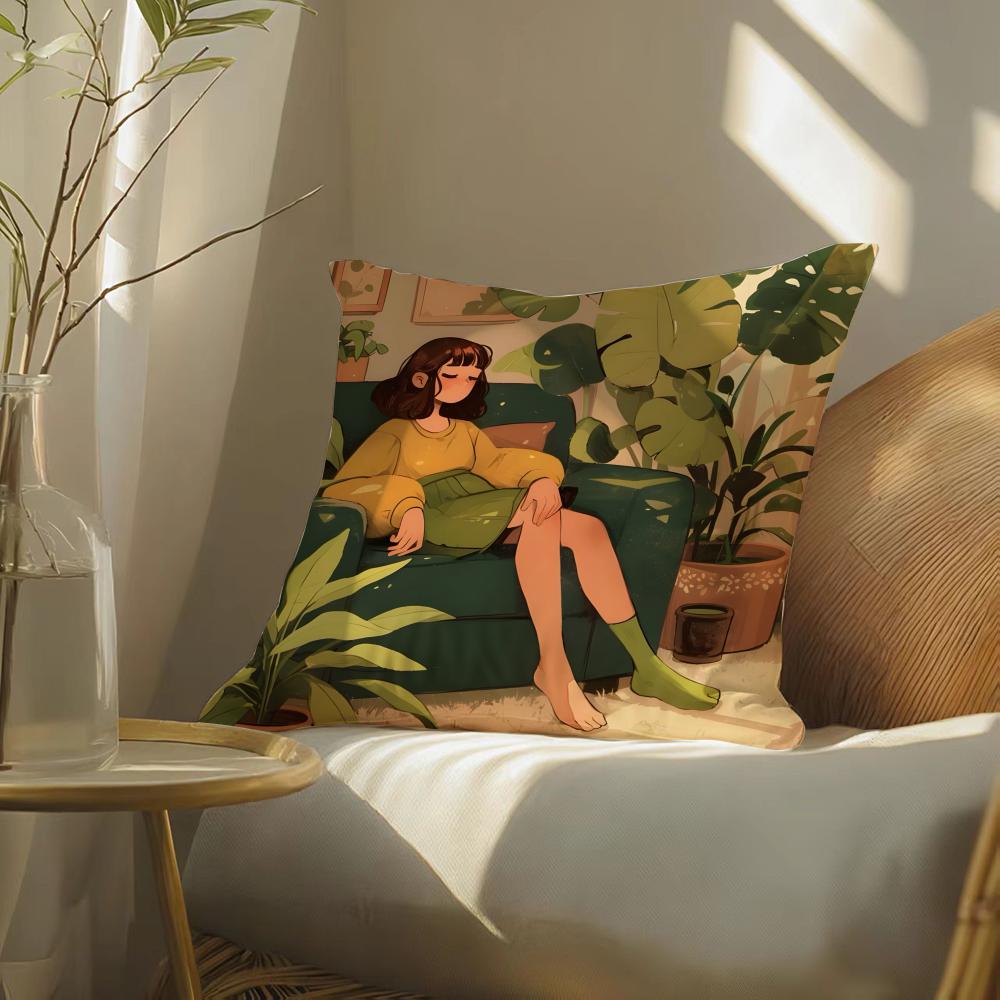 Elegant Simple Flower-Growing Girl Pillow Case Pattern Printed Pillowcase For Living Room Sofa Cushion Cover & Bedroom Decor
