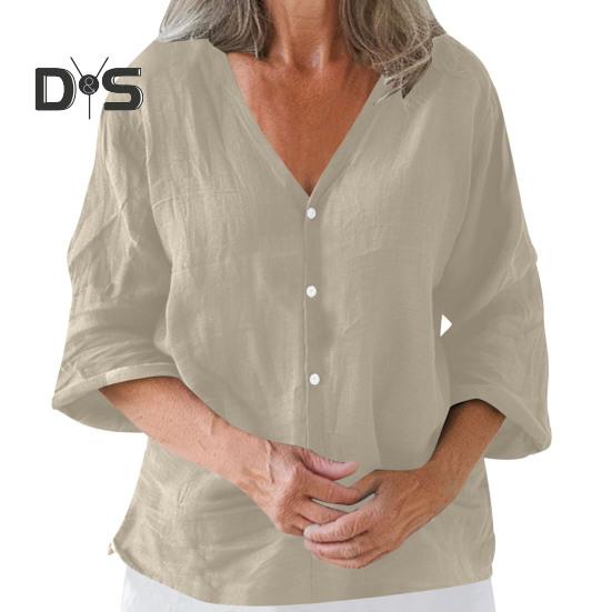 Dámská košile volného střihu s výstřihem do V a 3/4 rukávy, letní top se zapínáním na knoflíky, jednobarevné ležérní tričko pro každodenní nošení