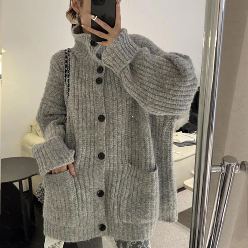 Soft Waxy Wear Loose and Lazy Sweater Jacket Women's Autumn and Winter Lapel Solid Color Knitted Cardigan