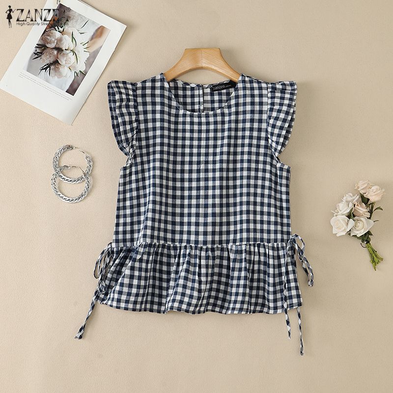 ZANZEA Women Plaid Print Casual Round Neck Sleeveless Tank Tops