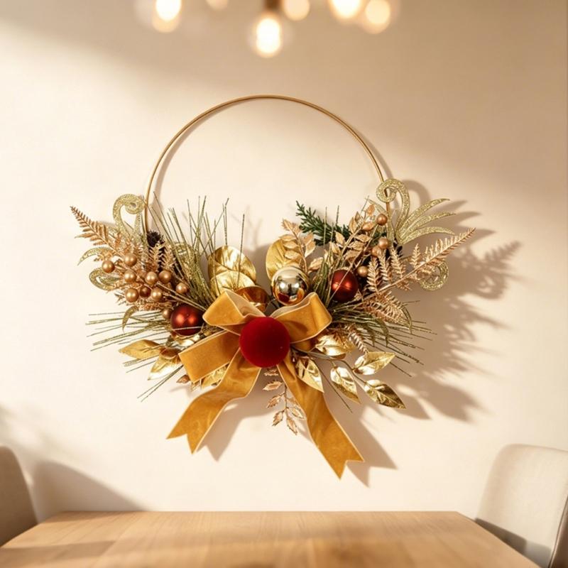 Holiday Door Wreath Artificial Christmas Decors With Bowknot, Pine Style Greenery and Ornament, Portable Hanging Accent for Entryway or Shop Display