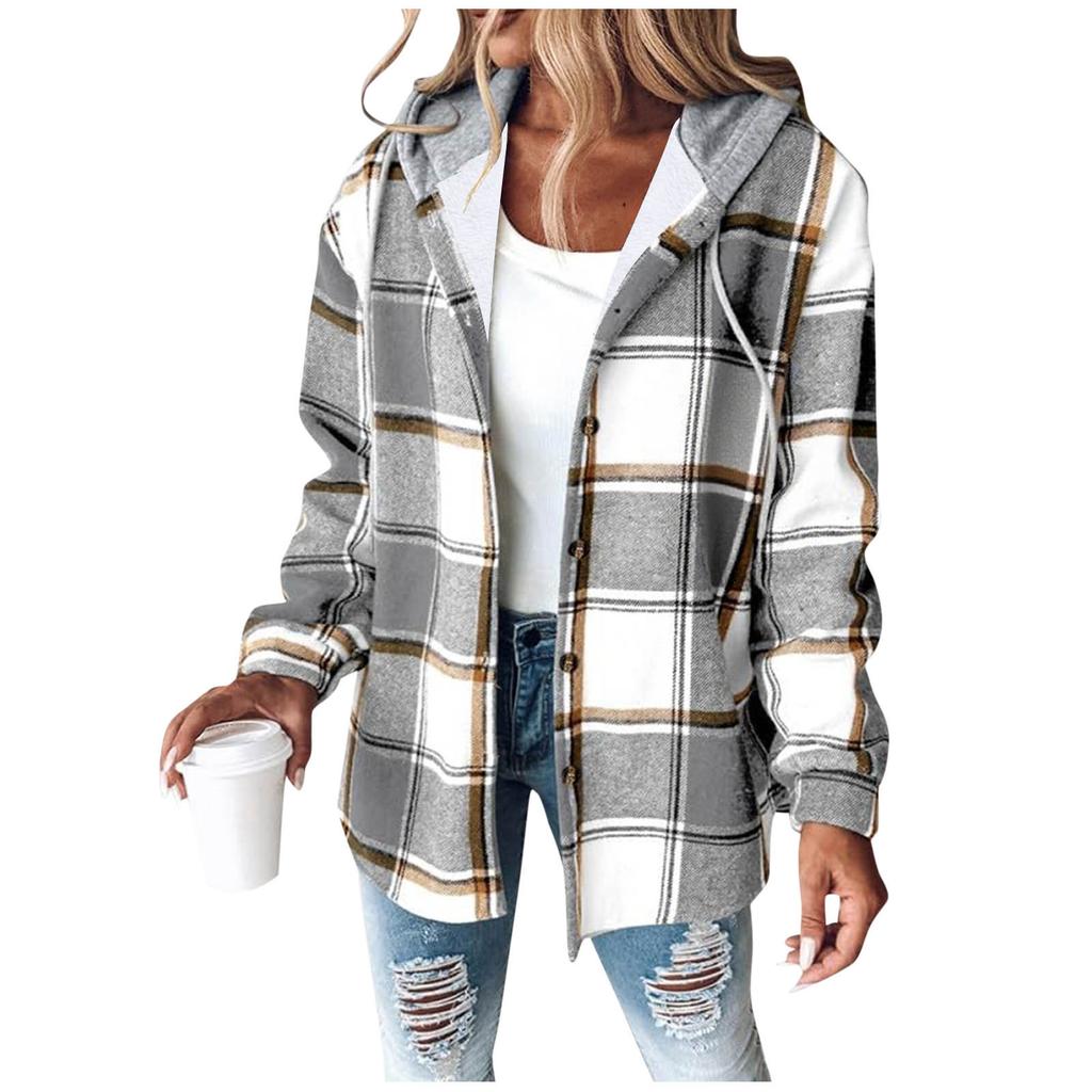Women S Loose Fit Hooded Long Sleeve Plaid Plush Polyester Coat For Autumn Winter