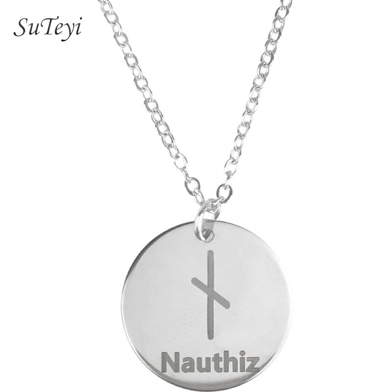 Round 25 Rune Letter Pendant Necklace Silver Color Stainless Steel Disc Viking Necklaces For Women Men