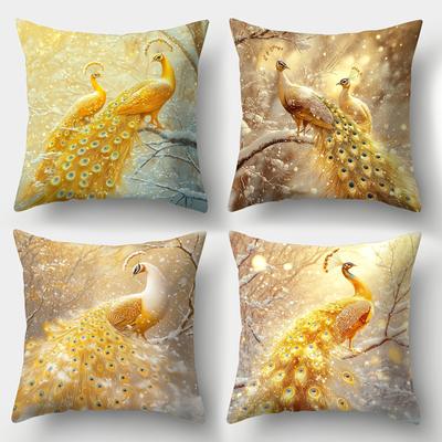 1/4 unidades Fundas para Cojín de Invierno con Caída de Nieve de Pavo Real Dorado Fundas de Cojín Decorativas de Lujo para Sofá de Casa Dormitorio Funda de Cojín