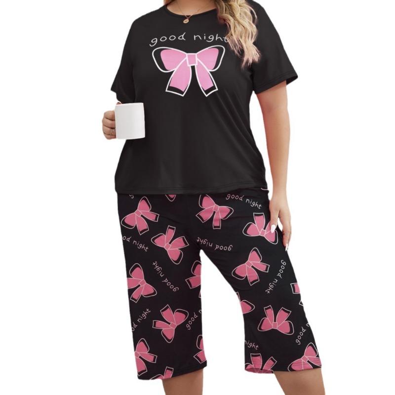 Women's Spring/summer Printed Pajamas Short Sleeve Cropped Trousers Set Milk Silk Home Wear