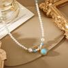 Türkis Perlenkette für Damen - Französische Eleganz High-End Schlüsselbein Kette, Personalisierbares Vielseitiges Schmuck Design