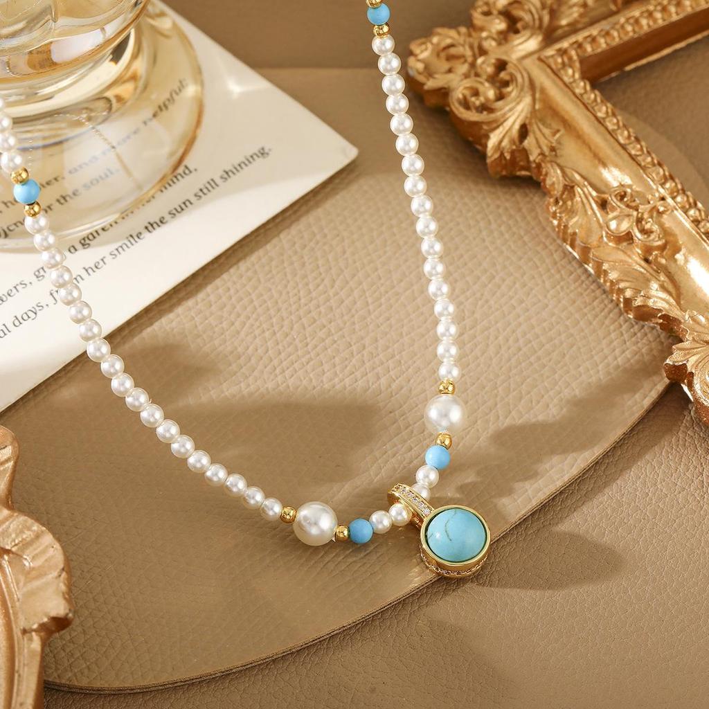 Türkis Perlenkette für Damen - Französische Eleganz High-End Schlüsselbein Kette, Personalisierbares Vielseitiges Schmuck Design