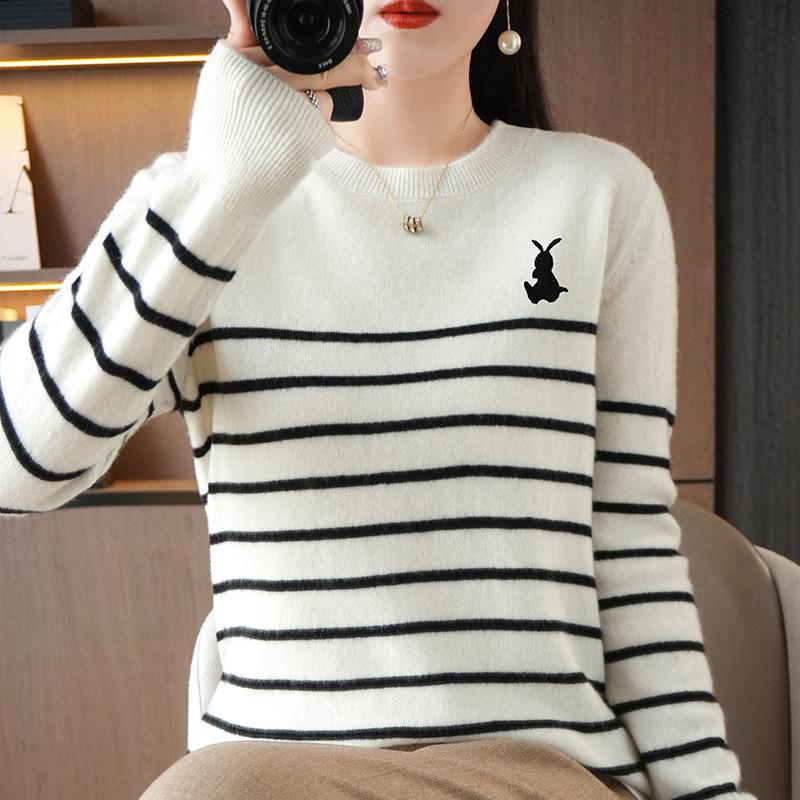 Podzimní a zimní nový pulovr dámský kulatý výstřih pruhovaný pletený svetr základní vrstva