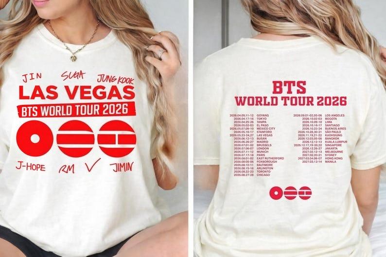 BTS Světové turné 2026 Oboustranné unisex tričko, tričko z koncertu BTS 2026, dárek pro fanouška Army, BTS Merch, tričko pro fanouška Army, tričko z comebacku BTS Arirang