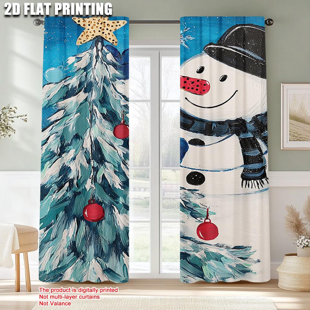2pcs,2D plane printing Popular Curtain Panels Merry Christmas Christmas Tree Snowflake Versatile Durable Polyester (without rod)