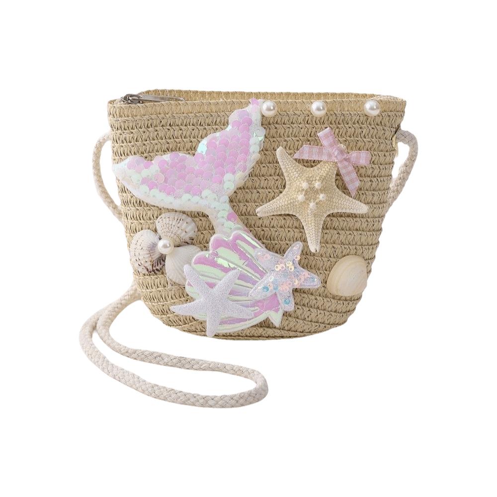Straw Woven Mermaid Crossbody Bag Breathable Kids Shoulder Bag Fashionable Match Beach Bag Cartoon