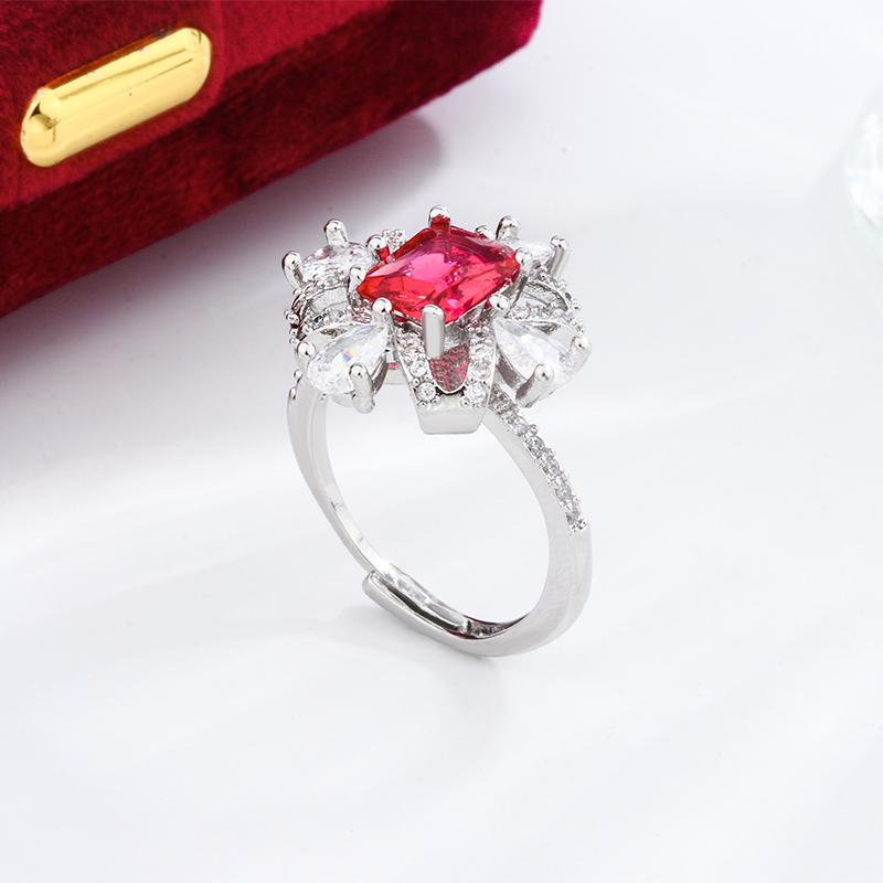 Premium Sense Fender Princess Square Zircon High-end Flower Shape Zouju Full Diamond Opening Adjustable Ring Delicate