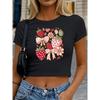 Women's Round-neck Short Top T Shirt | Strawberry Bow Cute Print | High-waisted, Cropped, Tight-fitting, Slim-fit Short-sleeve Top | Retro Style