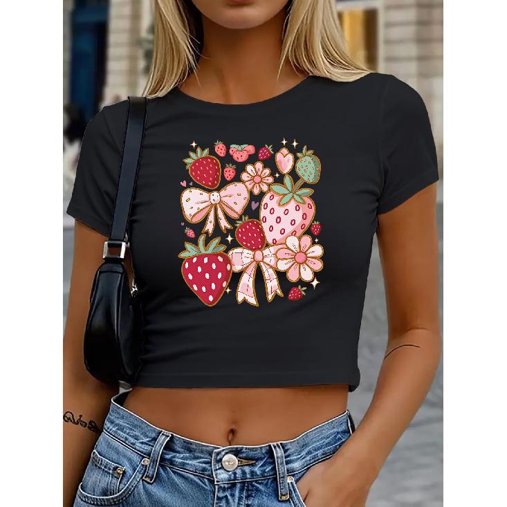 Women s round-neck short top T Shirt | Strawberry bow cute print | High-waisted, cropped, tight-fitting, slim-fit short-sleeve top | Retro style S чёрный