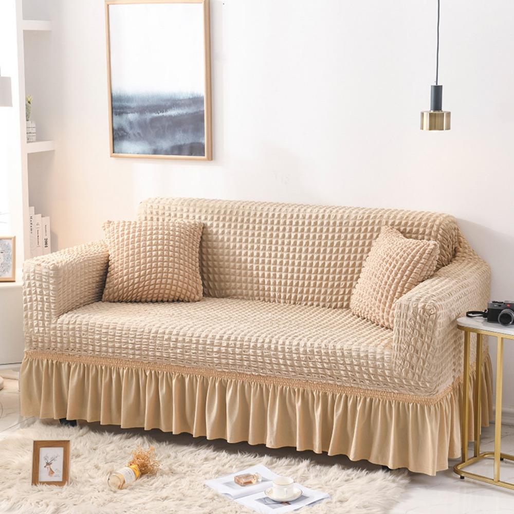 Lace Trim Sofa Protector Cover Solid Color Full Coverage Fabric Sofa Cover for All Seasons