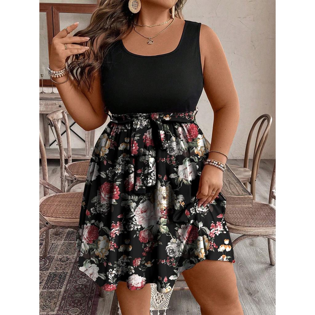 Women's Fashionable Casual Color Blocked Printed Sleeveless Waist Dress In Large Size
