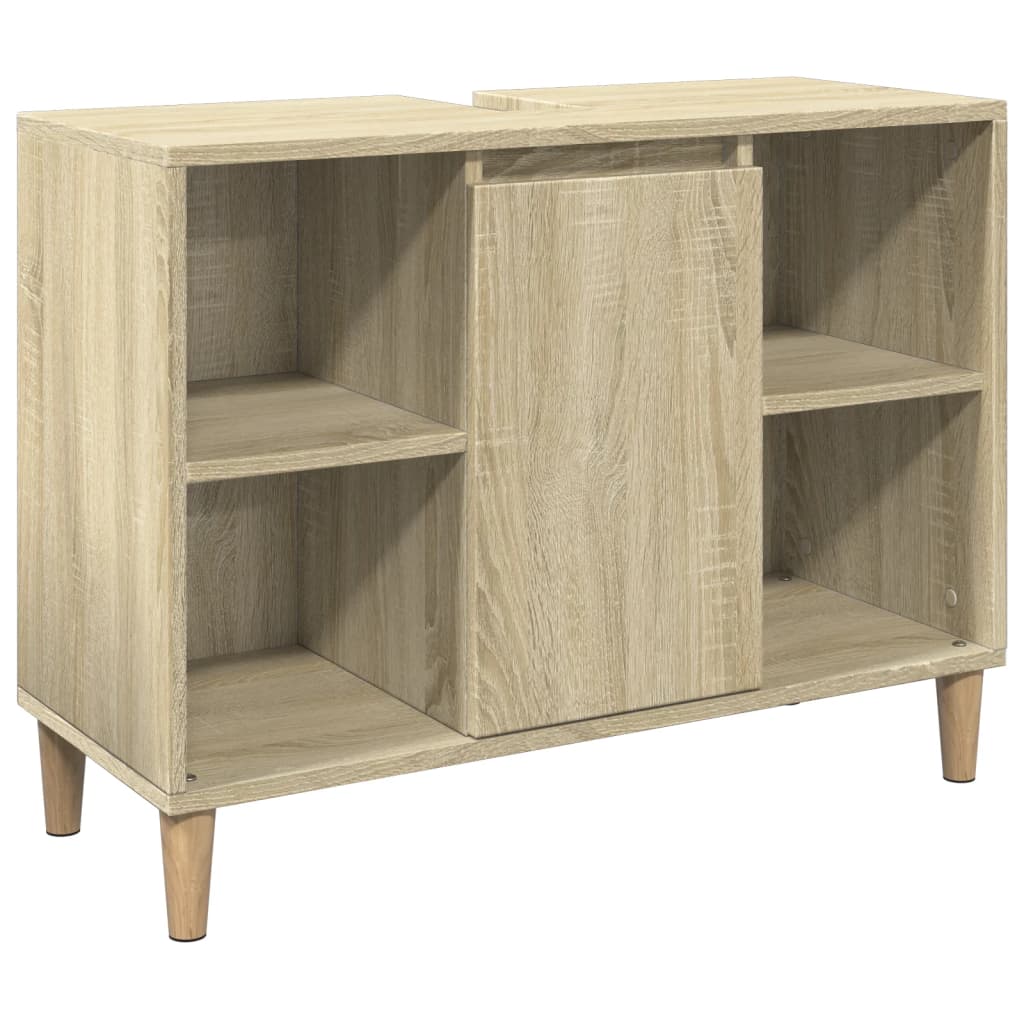Modern bathroom cabinet with a storage unit under the washbasin, open storage on both sides, and a door storage in the middle, 80x33x60 cm