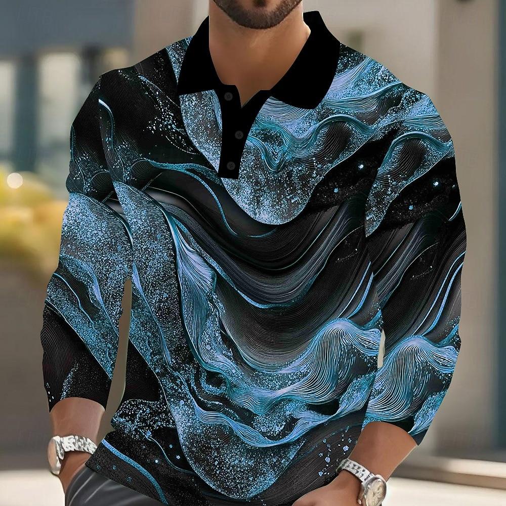 Men's Abstract Marble Long Sleeve Polo Shirt Breathable Business Casual Top Slim Fit Quick Dry Multi Colors Fall Winter