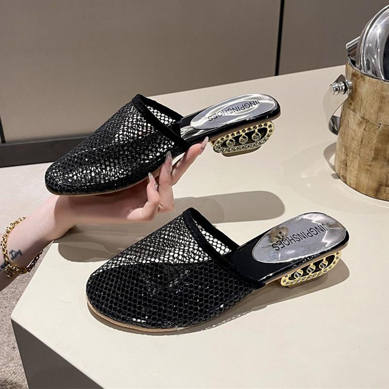 Fashion Women Slingback Slippers Casual Mid Heels Shoes Fashion Mesh Cozy Pumps Woman Dress Sandals 2025 Summer New Zapatillas De Mujer