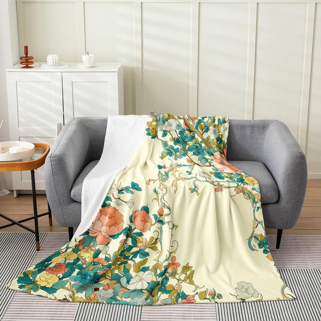Japanese Floral Throw Blanket X Plush Cherry Blossoms Flannel Fleece for Sofa Couch Kids Room Decor