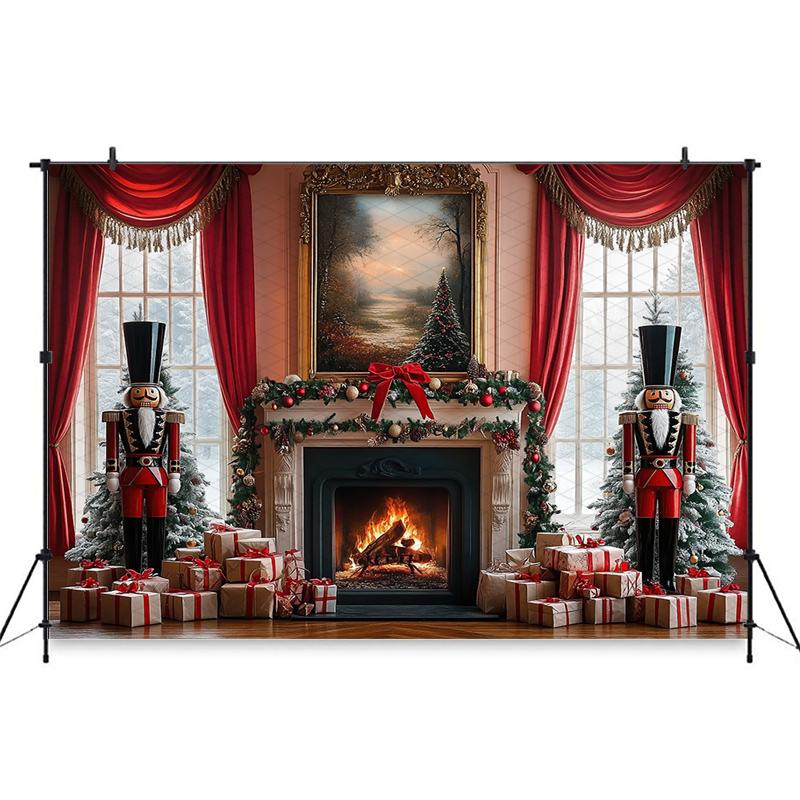 Mocsicka Christmas Photography Backdrop Home Fireplace Xmas Tree Soldier Gifts Decoration Family Holiday Party Background Banner