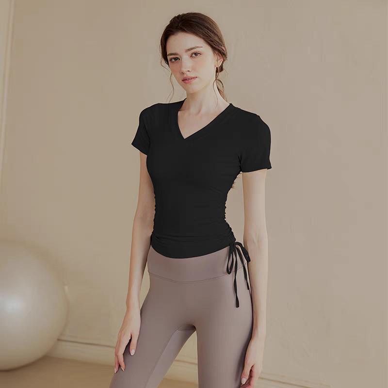 Dámské topy na jógu s krátkým rukávem a výstřihem do V, rychleschnoucí, na jaro a léto - Zeštíhlující, Ideální na pilates, fitness, běh a sport