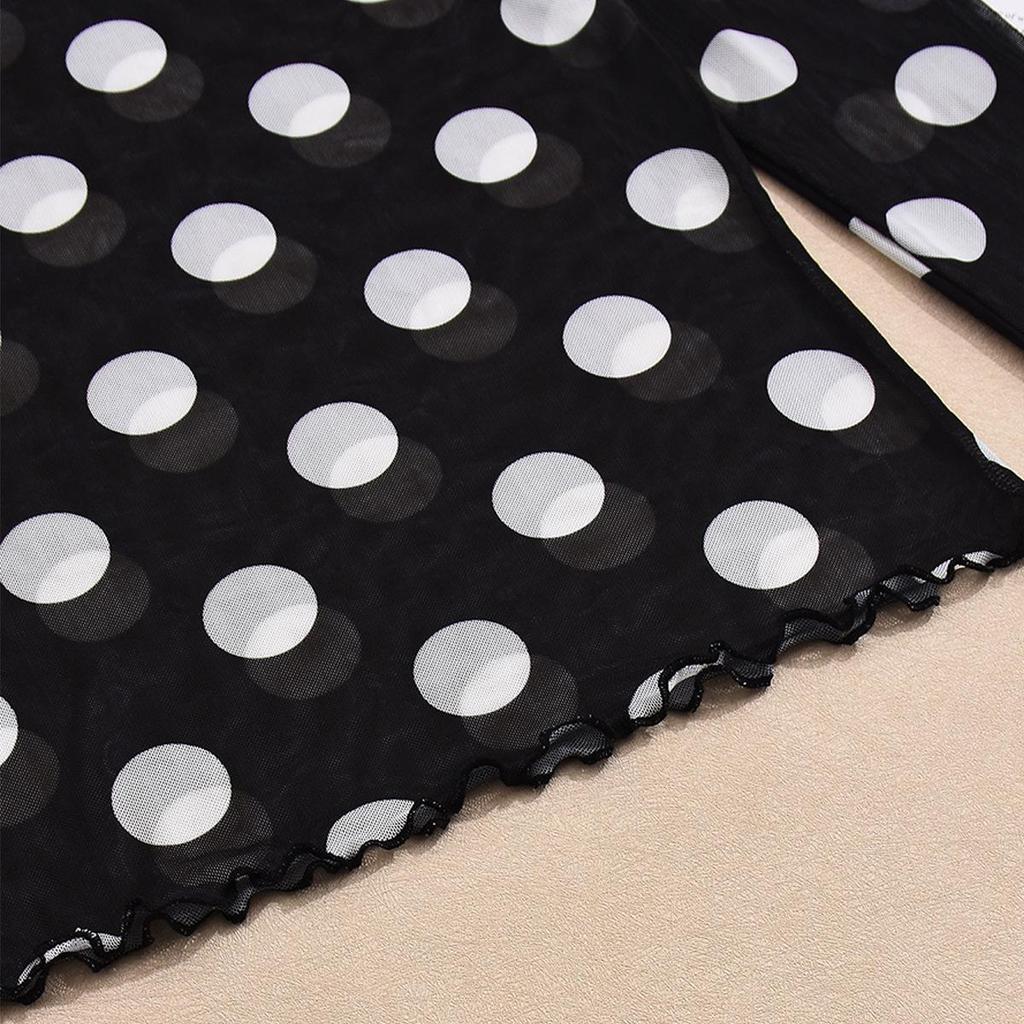 Nazada Spicy Girl Mesh Polka Dot Long Sleeve Top - Sexy See-through Half-High Neck for Early Autumn