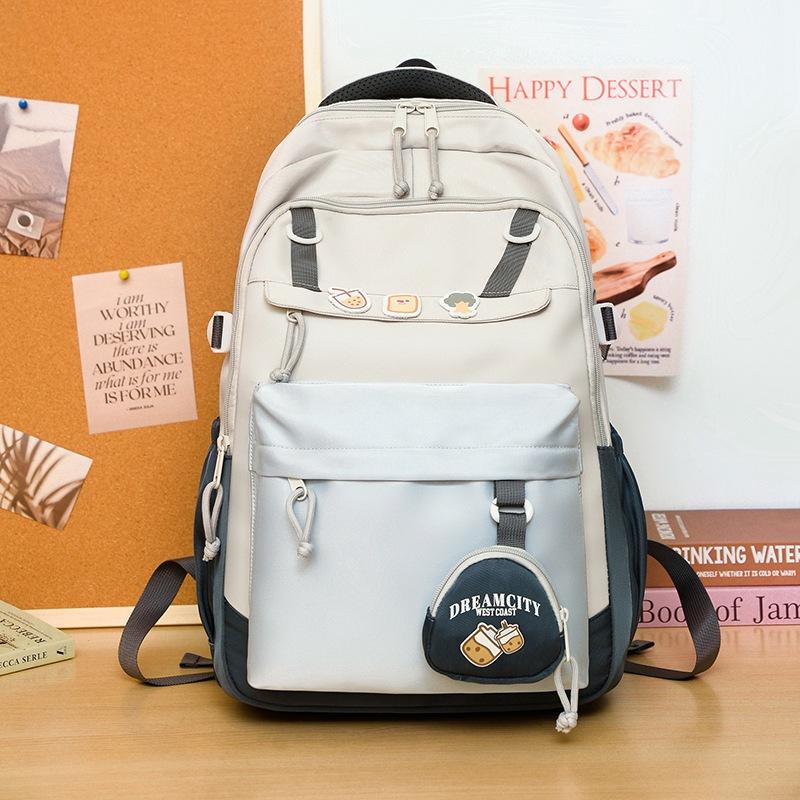 High-value fresh college style backpack, junior high school students contrasting color splicing large-capacity backpack